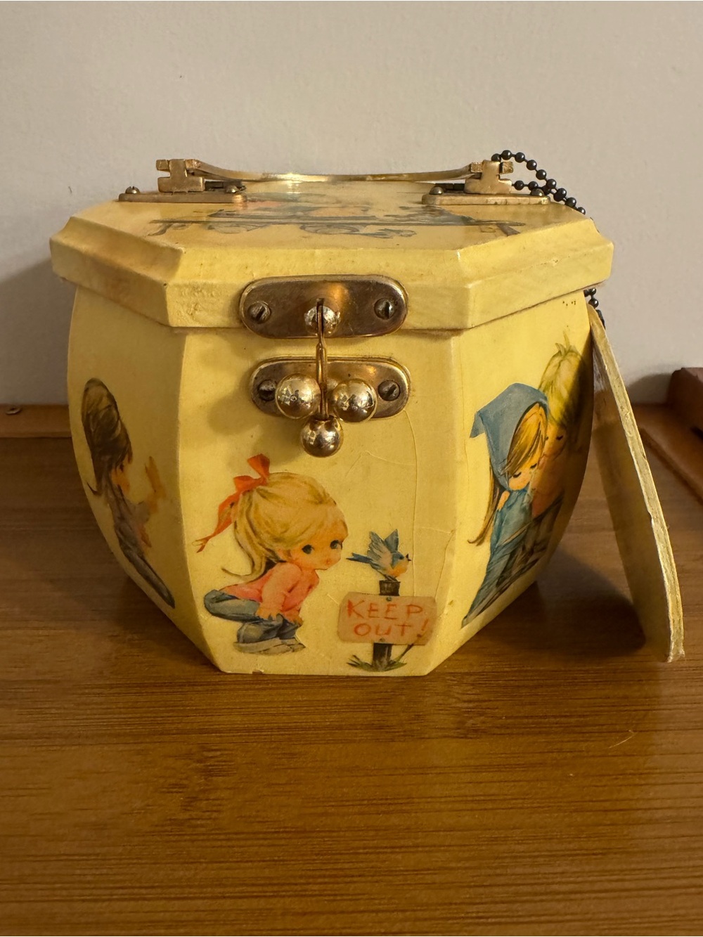 Vintage 1970s Yellow Hexagonal wooden box purse Cute Children Decals wkey chain